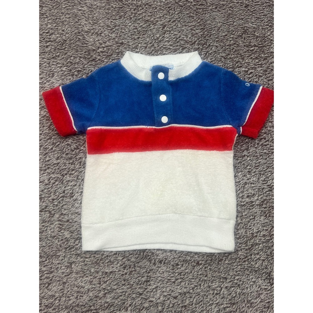Vintage OshKosh B'Gosh Baby 18M Terry Cloth Colorblock Shirt Red White Blue 90s